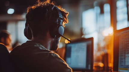 Poster - Young adult working late with headset at computer in modern office setting illuminated by warm light