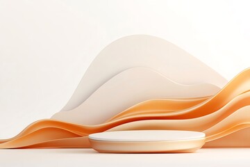 Poster - オレンジと白の抽象的な3Dレンダリングステージ 白い背景に波の幾何学模様の背景 金色のアクセントのミニマルデザイン