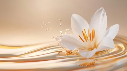 Poster - 白いユリの花びらと輝く水滴の背景に浮かぶ美しいゴールドの波状の背景