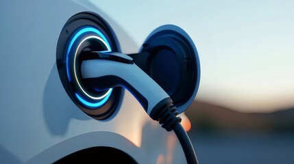 Aufkleber - Electric Vehicle Charging Connector Plugged Into A Car Side With Blue And White Light Glowing In Sunset