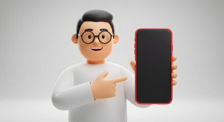 Poster - Animated character promoting mobile application, person holding up a smartphone for advertisement and digital marketing purposes