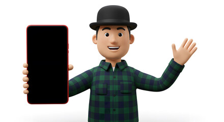 Poster - A Friendly 3D Cartoon Character Presenting a Smartphone with Blank Black Screen Display in a Cheerful and Engaging Manner