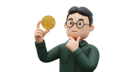 Aufkleber - Cartoon Character Contemplating Cryptocurrency: A 3D Rendered Illustration with Bitcoin Focus and Financial Decision-Making Theme