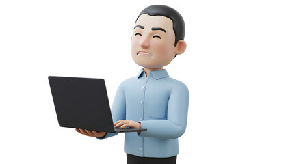 Poster - Frustrated 3D Cartoon Character Using Laptop with Concerned Expression, Ideal for Digital Lifestyle Concepts, Tech Support and Online Communication