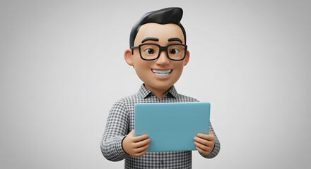 Poster - 3D Cartoon Man Holding Tablet with Plaid Shirt against Neutral Gray Backdrop