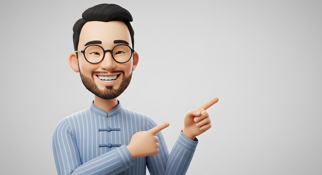 Enthusiastic cartoon character points to an empty background, ideal for product placement, adding text and creative marketing campaigns
