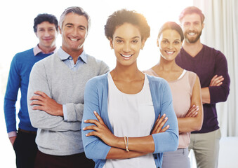 Poster - Arms crossed, business team and united in office, collaboration and diversity with creative people. Leadership, portrait and solidarity with employees in workplace, journalism or staff at news agency