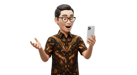 Poster - Enthusiastic man in batik shirt presenting a smartphone app or feature with an animated 3D rendering