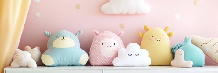 Fototapete - Pastel drawer display with colorful animal toys and cloud-shaped pillows in a childs room