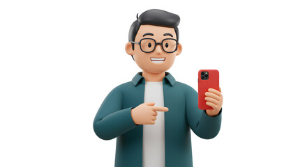 Poster - 3D Cartoon Man Displaying a Red Smartphone with a Pointing Gesture on a White Background for Modern Applications