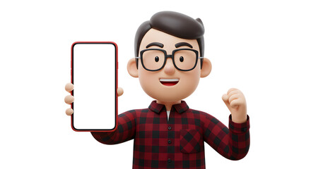 Poster - Cheerful 3D cartoon character showcasing a smartphone with a blank screen for mobile app advertisement or promotional display