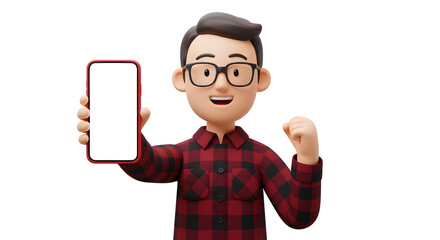 Poster - Enthusiastic cartoon character presenting blank smartphone screen with excitement and wearing a trendy plaid shirt