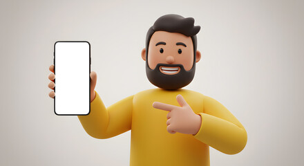 Poster - Cartoon character showcasing mobile app interface on smartphone with finger pointing towards blank screen for marketing, promotions and user interface