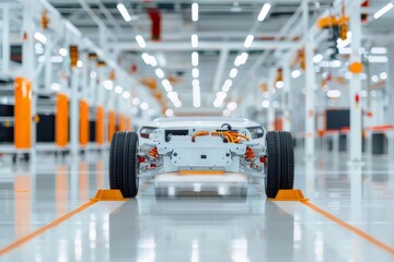 Aufkleber - 未来的な電気自動車の製造工場内部のクローズアップ 白い車体の詳細とオレンジ色のアクセントが特徴