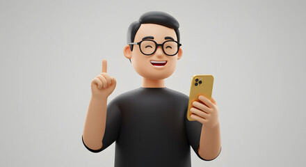 Poster - 3D Cartoon Man Holding Phone with an Idea, Illustration for Technology, Creativity, Communication and Mobile Solutions