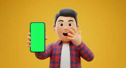 Poster - Cartoon man exhibiting shock while displaying a phone with a chromakey screen on a yellow backdrop, captivatingly illustrating technology integration