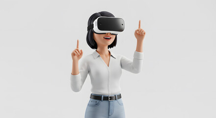 Poster - Cartoon Woman Wearing VR Headset Pointing Upwards, Experiencing a Futuristic Digital Reality and Exploring Metaverse Applications