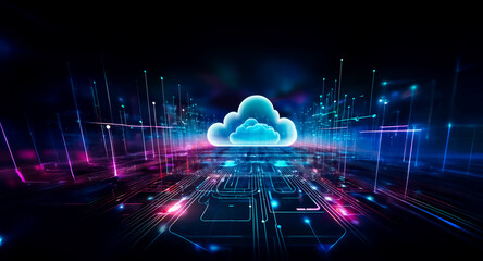 Aufkleber - a glowing cloud hovers above a digital landscape of vibrant lines and luminous points, suggesting a 