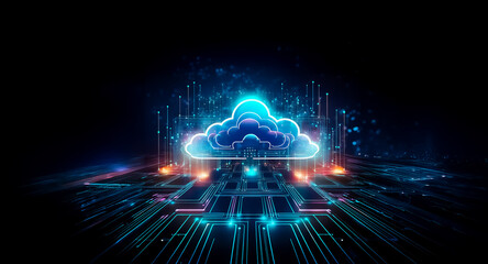Poster - A glowing cloud icon hovers above a detailed circuit board pattern, illuminated with vibrant blue and orange lights against a dark backdrop, evoking a sense of modern digital technology.