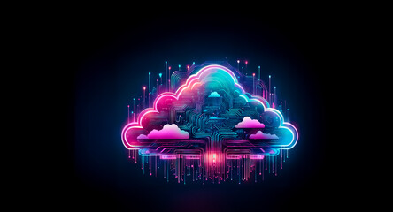 Aufkleber - a vibrant neon cloud glows with pink and blue hues against a dark backdrop. digital lines emanate fr