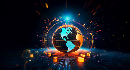 Poster - vibrant digital globe surrounded by glowing particles and light beams against a dark backdrop, repre