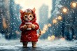 © A - Social digital ads - animal care. Sad cute baby cat chausie in winter warm clothes, holding warm drink with rising steam in paws. Problem of animal suffering. Winter pet muffler. Cat cold coat.