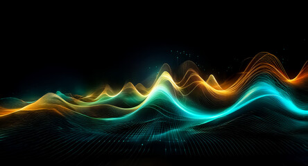 Aufkleber - Abstract waves of blue and orange light flow across a dark, grid-like surface, creating a dynamic and vibrant visual effect.