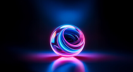 Aufkleber - Glowing orb with swirling blue and pink neon lights against a dark backdrop. Light reflection is visible beneath the sphere.
