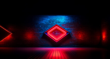 Poster - illuminated red diamond shape with a neon glow on a dark brick wall. blue and red light effects crea