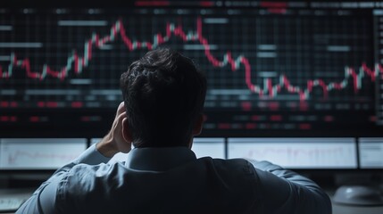 Poster - Trader analyzes stock market data on multiple screens during a busy trading session in an office environment