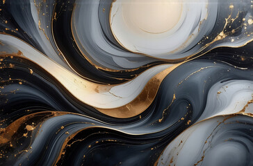 Poster - Abstract art with swirling gray, white, and gold colors create dynamic movement and elegant style. Fluid waves of paint with metallic accents.