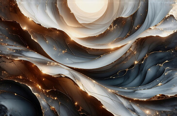 Aufkleber - Elegant abstract design featuring swirling waves of grey and beige with shimmering gold accents.  The smooth, flowing lines create a luxurious and sophisticated aesthetic.