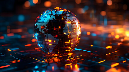 Aufkleber - Abstract Digital Globe with Glowing Orange and Blue Elements on a Metallic Surface Featuring Intricate Network Technology Structure