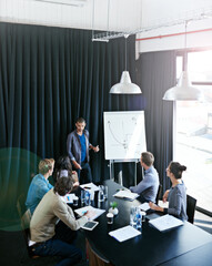 Poster - Man, presentation and employee in office for meeting, business planning and white board demonstration. Presenter, company and goals or idea with strategy, collaboration with professional for project