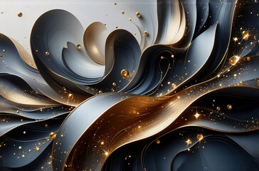 Poster - Abstract swirling shapes in grey, blue, and gold create a luxurious and elegant texture. Golden sparkles add glamour to the flowing and sophisticated design.