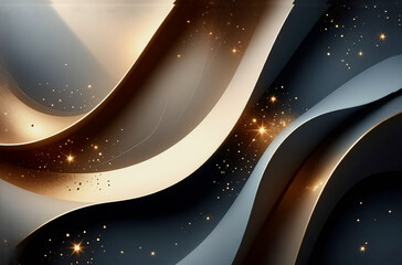 Aufkleber - Elegant abstract flowing waves in grey and brown tones with golden sparkles, creating a luxurious, modern, and sophisticated design.