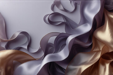 Aufkleber - Flowing ribbons of purple, silver and gold hues create a soft, elegant abstract design. The smooth fabric drapes gracefully on a light background, suggesting movement and fluidity.