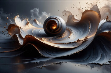 Poster - Abstract sphere rests on swirling wave-like layers under a dramatic dark sky. Grey, white, and brown tones create a dynamic, flowing, and surreal composition.