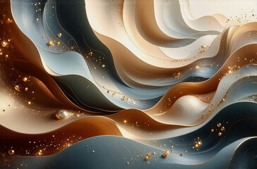 Aufkleber - Elegant waves of beige, brown, and blue hues gently cascade with scattered golden sparkles, creating a luxurious and flowing abstract design.