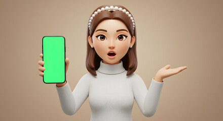 Poster - Animated woman presenting a green screen mobile device for digital advertisement showcase and interactive app demonstrations