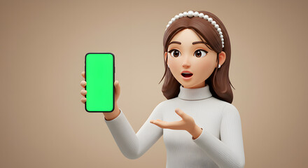 Poster - Animated woman presenting a mobile device with green screen for advertisement or product demonstration, 3D rendering