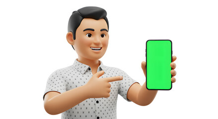 Poster - Cheerful 3D Man Presenting a Mobile Phone with Chroma Key Screen on an Isolated Background, Technology Concept