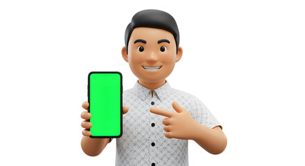 Poster - Enthusiastic cartoon character showcasing mobile app with green screen for easy customization and promotional content incorporation