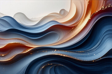 Aufkleber - Abstract waves in shades of blue, white, and gold intertwine creating a fluid, elegant, and dynamic motion.  Smooth, curved lines suggest depth and a sense of luxurious movement.