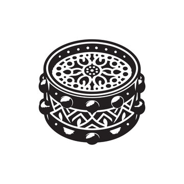 Black Color Tambourine Silhouette Vector Illustration, Solid White Background