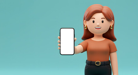 Poster - Cartoon woman demonstrating a blank smartphone screen against a pastel blue background, ideal for marketing and promotional visuals