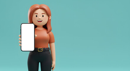 Poster - Cartoon Woman Holding Smartphone with Blank Screen for Mobile App Promotion or Digital Service Advertisement on Teal Background
