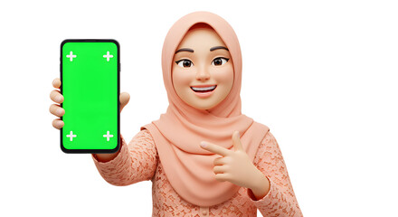 Poster - Cartoon woman in hijab displaying mobile phone with green screen for customization and advertising possibilities on a clean background