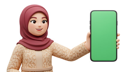 Poster - 3D Cartoon Muslim Woman in Hijab Holding Smartphone Displaying a Green Screen for App Promotion or Digital Content