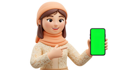 Poster - Cartoon girl with hijab showing a blank green screen on her smartphone for advertisement or promotional content demonstration